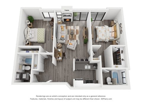 Floor plan for 2 beds, 2 baths, 965 sqft